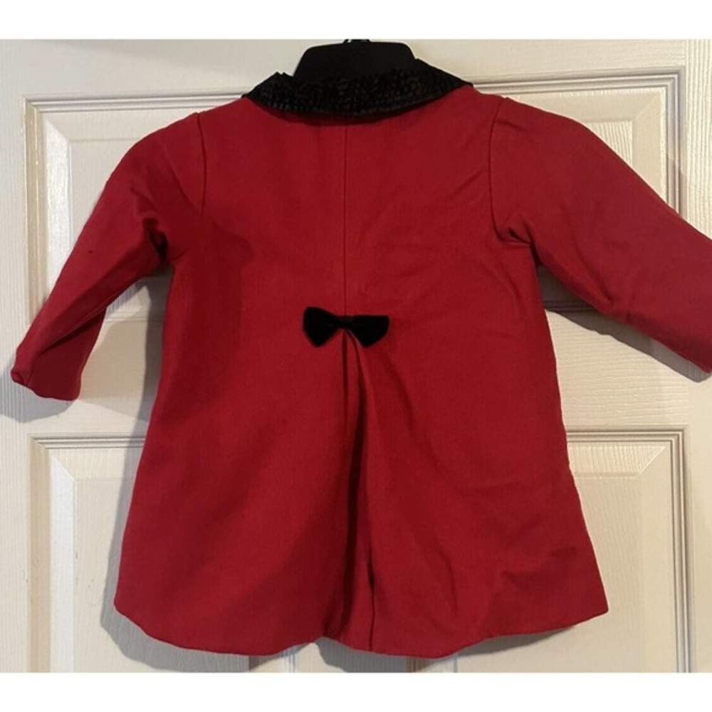 Parisian 24m Red Wool Pea Coat Black Velvet Bow Jacket Warm Double‎ Breasted - Picture 3 of 4